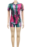 Rose Red Sexy Print Turndown Collar Short Sleeve Two Pieces