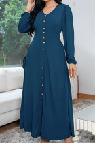 Navy Blue Elegant Solid Color Buckle V Neck Long Dresses