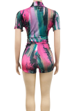 Rose Red Sexy Print Turndown Collar Short Sleeve Two Pieces