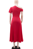 Red Casual Solid Color Hollow Out Oblique Collar Long Dresses