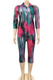 Red Sexy Print Patchwork Turndown Collar Three Quarter Two Pieces