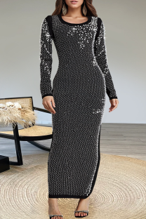 Black Elegant Solid Color Hot Drill O Neck Long Dresses