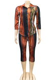 Red Sexy Print Patchwork Turndown Collar Three Quarter Two Pieces