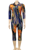 Red Sexy Print Patchwork Turndown Collar Three Quarter Two Pieces