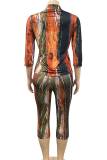 Red Sexy Print Patchwork Turndown Collar Three Quarter Two Pieces
