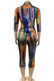 Red Sexy Print Patchwork Turndown Collar Three Quarter Two Pieces
