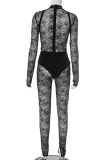 Black Sexy Solid Color Lace O Neck Skinny Jumpsuits