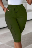 Black Casual Solid Color Draw String Pocket Regular Mid Waist Conventional Patchwork Bottoms