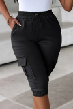 Black Casual Solid Color Draw String Pocket Regular Mid Waist Conventional Patchwork Bottoms