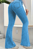 Blue Casual Solid Color Boot Cut Mid Waist Patchwork Bottoms