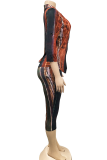 Red Sexy Print Patchwork Turndown Collar Three Quarter Two Pieces