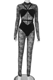 Black Sexy Solid Color Lace O Neck Skinny Jumpsuits