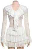 White Elegant Solid Color Lace Patchwork V Neck Long Sleeve Two Pieces