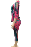 Red Sexy Print Patchwork Turndown Collar Three Quarter Two Pieces