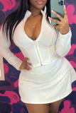 Pink Sexy Solid Color Zipper Zipper Collar Long Sleeve Two Pieces