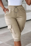 Black Casual Solid Color Draw String Pocket Regular Mid Waist Conventional Patchwork Bottoms