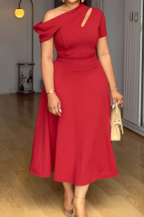 Red Casual Solid Color Hollow Out Oblique Collar Long Dresses