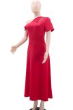 Red Casual Solid Color Hollow Out Oblique Collar Long Dresses