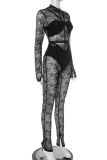Black Sexy Solid Color Lace O Neck Skinny Jumpsuits