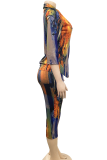 Red Sexy Print Patchwork Turndown Collar Three Quarter Two Pieces