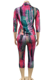 Red Sexy Print Patchwork Turndown Collar Three Quarter Two Pieces