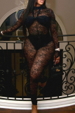 Black Sexy Solid Color Lace O Neck Skinny Jumpsuits