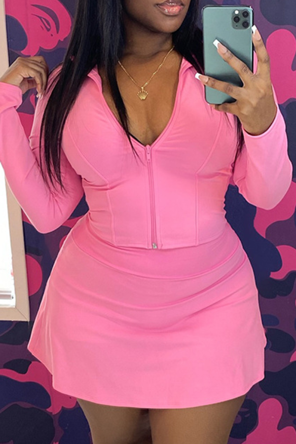 Pink Sexy Solid Color Zipper Zipper Collar Long Sleeve Two Pieces