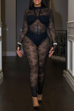 Black Sexy Solid Color Lace O Neck Skinny Jumpsuits