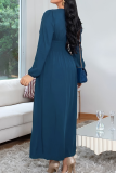 Navy Blue Elegant Solid Color Buckle V Neck Long Dresses