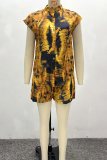 Yellow Casual Print Buckle Mandarin Collar Short Sleeve Two Pieces