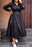 Black Casual Solid Color Pocket Turndown Collar Long Dresses