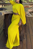 Yellow Casual Solid Color Irregular O Neck Long Sleeve Two Pieces