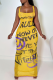 Yellow Sexy Print Patchwork Spaghetti Strap Long Dresses