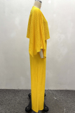 Yellow Casual Solid Color Irregular O Neck Long Sleeve Two Pieces