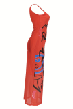 Red Sexy Print Patchwork Spaghetti Strap Long Dresses