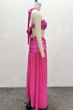 Rose Red Sexy Solid Color High Slit Halter Sleeveless Two Pieces