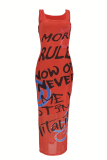 Red Sexy Print Patchwork Spaghetti Strap Long Dresses
