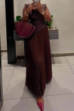 Coffee Elegant Solid Color Pleated O Neck Sleeveless Two Pieces