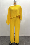 Yellow Casual Solid Color Irregular O Neck Long Sleeve Two Pieces