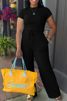Black Casual Solid Color Draw String O Neck Short Sleeve Two Pieces