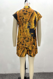 Yellow Casual Print Buckle Mandarin Collar Short Sleeve Two Pieces