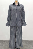 Stripe Casual Stripe Buckle Turndown Collar Long Sleeve Two Pieces
