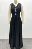 Black Elegant Solid Color Buttons V Neck Sleeveless Two Pieces