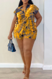 Yellow Casual Print Buckle Mandarin Collar Short Sleeve Two Pieces