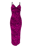 Rose Red Sexy Leopard Print Backless Slit Spaghetti Strap Long Dresses