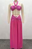 Rose Red Sexy Solid Color High Slit Halter Sleeveless Two Pieces