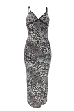Rose Red Sexy Leopard Print Backless Slit Spaghetti Strap Long Dresses