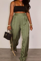 Green Casual Solid Color Patchwork Loose High Waist Wide Leg Patchwork Bottoms