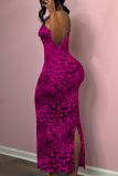 Rose Red Sexy Leopard Print Backless Slit Spaghetti Strap Long Dresses