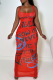 Red Sexy Print Patchwork Spaghetti Strap Long Dresses